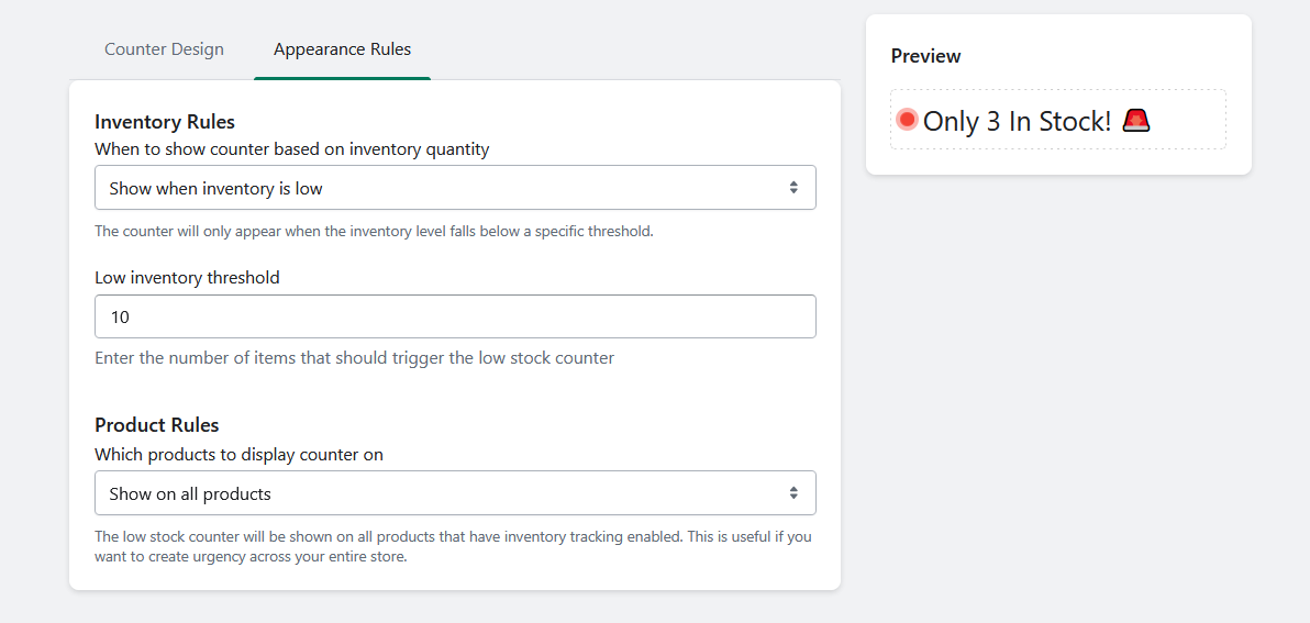 Zonvi Low Stock Counter settings showing inventory rules and the low inventory threshold configuration