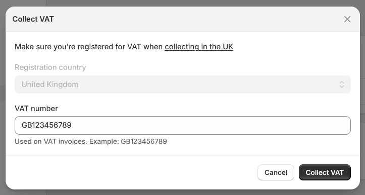 Shopify Collect VAT modal showing VAT number field for UK registration