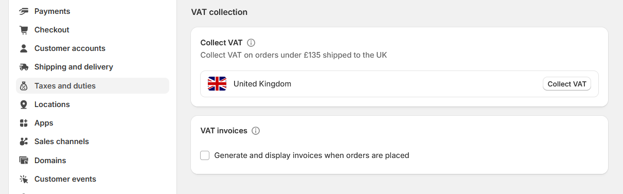 Shopify Admin taxes and duties settings for UK VAT configuration