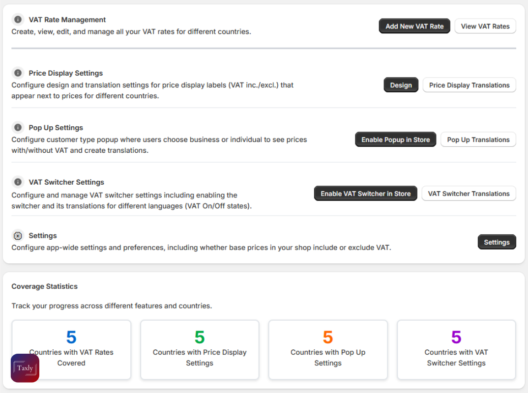 Taxly VAT Switcher Shopify app dashboard for VAT rates, price display, popup, and VAT switcher settings