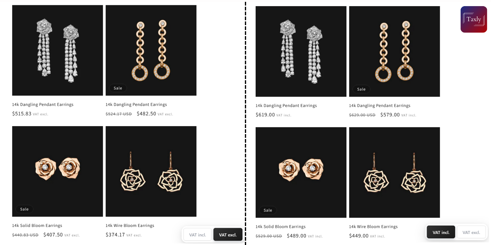 Taxly VAT Switcher Shopify app showing price with and without VAT on product page